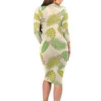 Beige Hawaii Plumeria Lei With Tropical Leaves Family Matching Long Sleeve Bodycon Dress and Hawaiian Shirt LT14 - Polynesian Pride