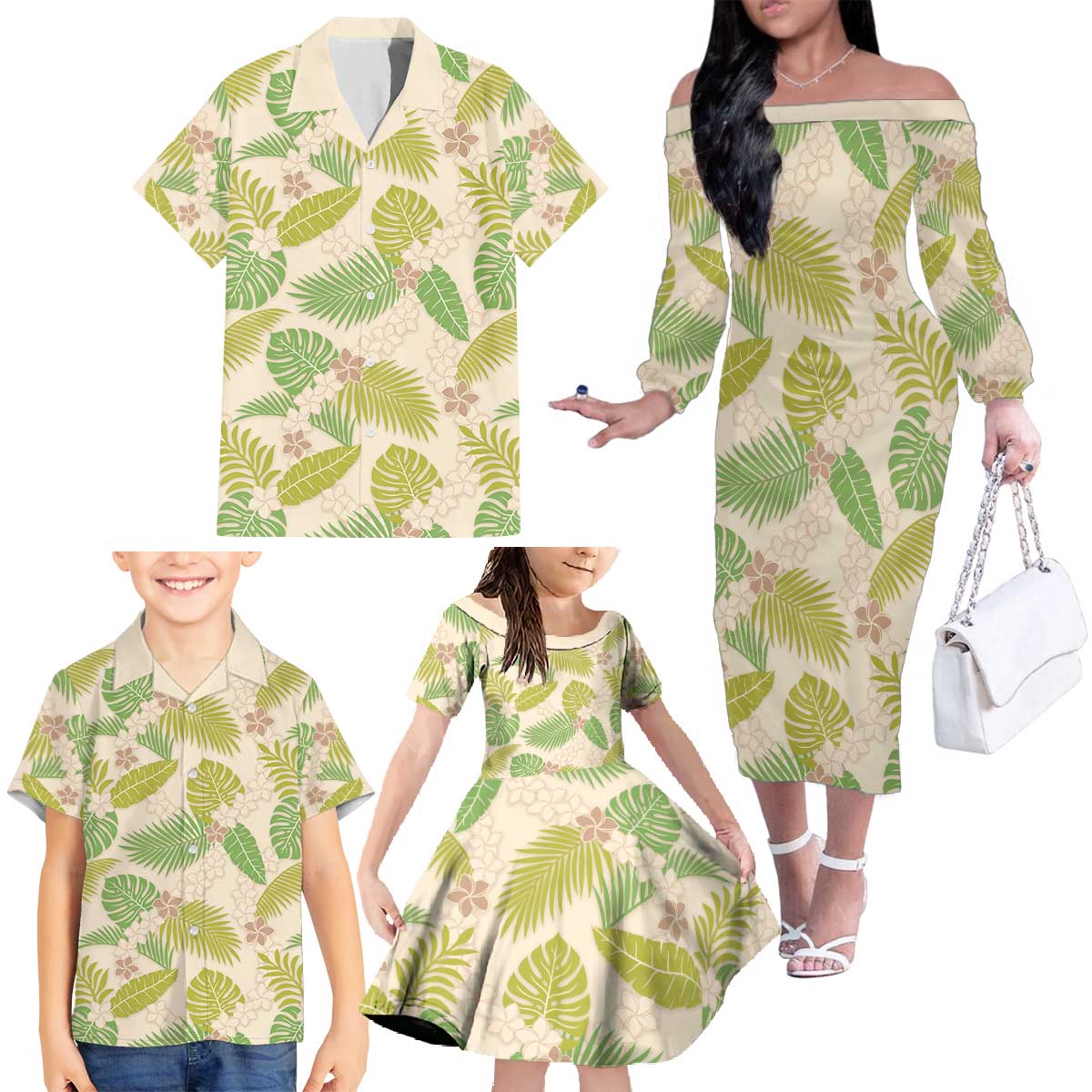 Beige Hawaii Plumeria Lei With Tropical Leaves Family Matching Off The Shoulder Long Sleeve Dress and Hawaiian Shirt LT14 - Polynesian Pride
