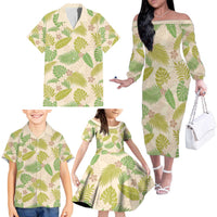 Beige Hawaii Plumeria Lei With Tropical Leaves Family Matching Off The Shoulder Long Sleeve Dress and Hawaiian Shirt LT14 - Polynesian Pride