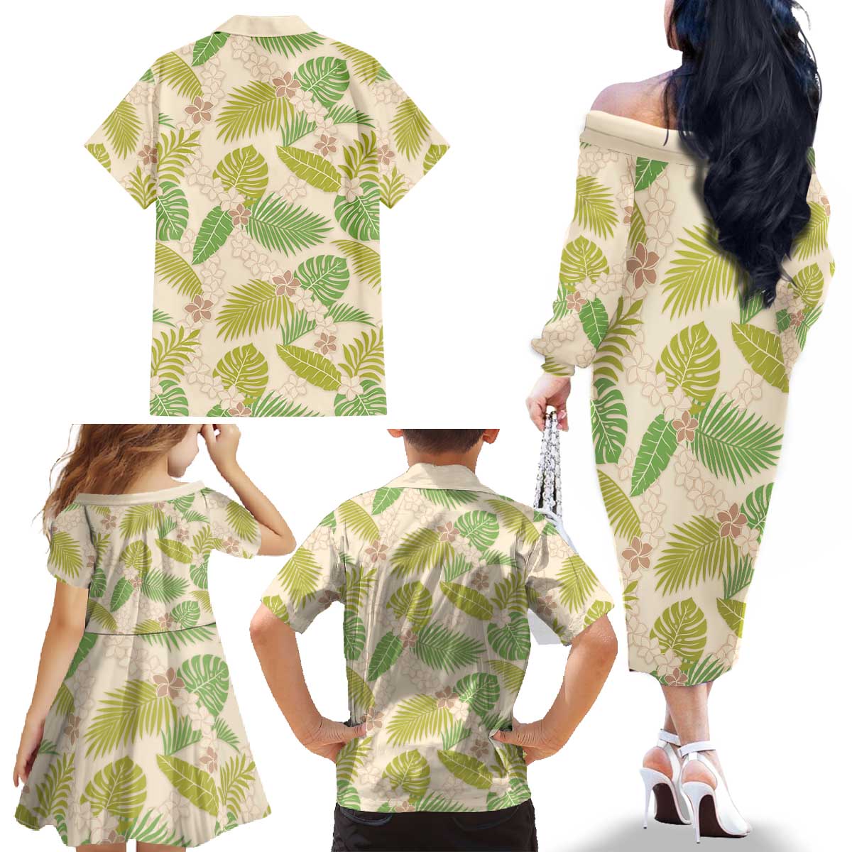 Beige Hawaii Plumeria Lei With Tropical Leaves Family Matching Off The Shoulder Long Sleeve Dress and Hawaiian Shirt LT14 - Polynesian Pride
