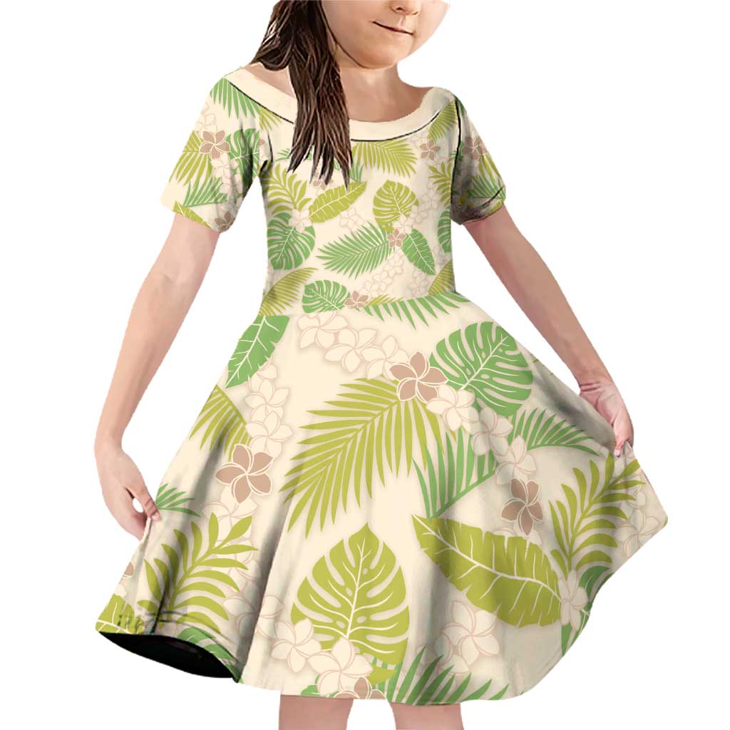 Beige Hawaii Plumeria Lei With Tropical Leaves Family Matching Off Shoulder Short Dress and Hawaiian Shirt LT14 Daughter's Dress Beige - Polynesian Pride
