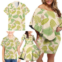 Beige Hawaii Plumeria Lei With Tropical Leaves Family Matching Off Shoulder Short Dress and Hawaiian Shirt LT14 - Polynesian Pride