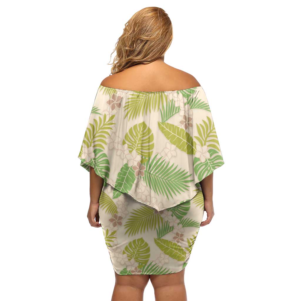 Beige Hawaii Plumeria Lei With Tropical Leaves Family Matching Off Shoulder Short Dress and Hawaiian Shirt LT14 - Polynesian Pride