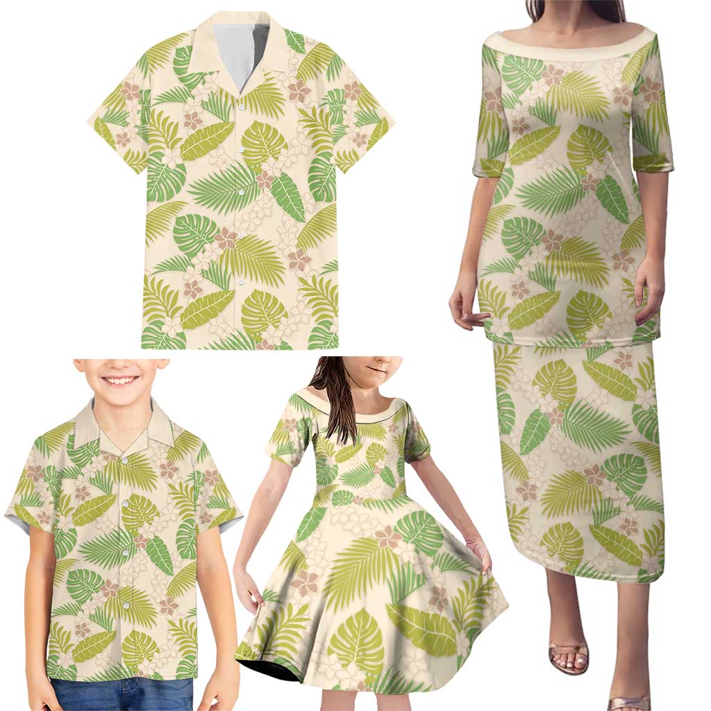 Beige Hawaii Plumeria Lei With Tropical Leaves Family Matching Puletasi and Hawaiian Shirt