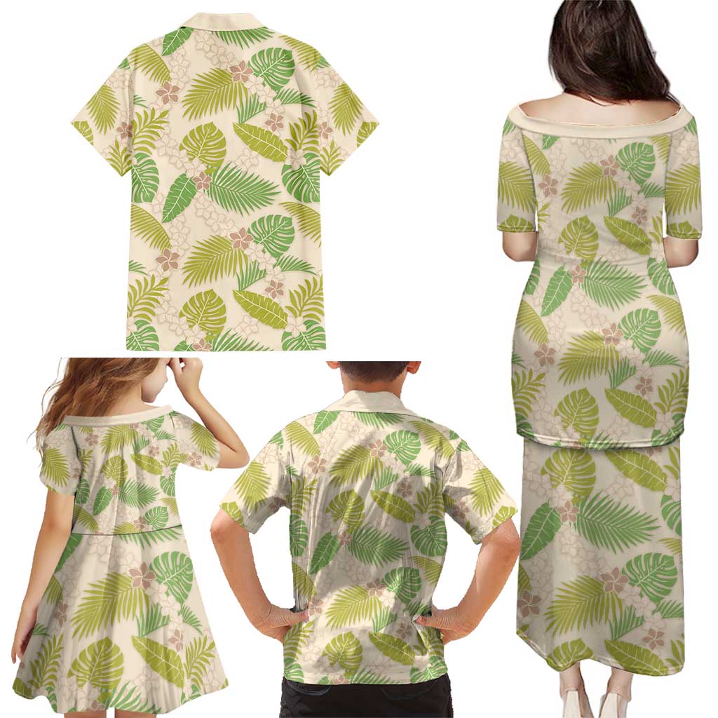 Beige Hawaii Plumeria Lei With Tropical Leaves Family Matching Puletasi and Hawaiian Shirt LT14 - Polynesian Pride