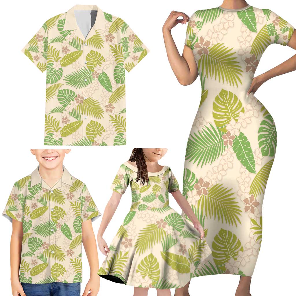 Beige Hawaii Plumeria Lei With Tropical Leaves Family Matching Short Sleeve Bodycon Dress and Hawaiian Shirt LT14 - Polynesian Pride
