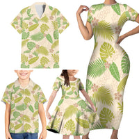 Beige Hawaii Plumeria Lei With Tropical Leaves Family Matching Short Sleeve Bodycon Dress and Hawaiian Shirt LT14 - Polynesian Pride