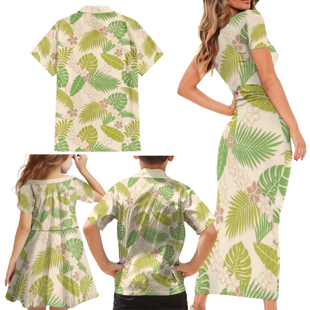 Beige Hawaii Plumeria Lei With Tropical Leaves Family Matching Short Sleeve Bodycon Dress and Hawaiian Shirt LT14 - Polynesian Pride