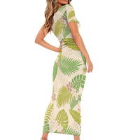 Beige Hawaii Plumeria Lei With Tropical Leaves Family Matching Short Sleeve Bodycon Dress and Hawaiian Shirt LT14 - Polynesian Pride
