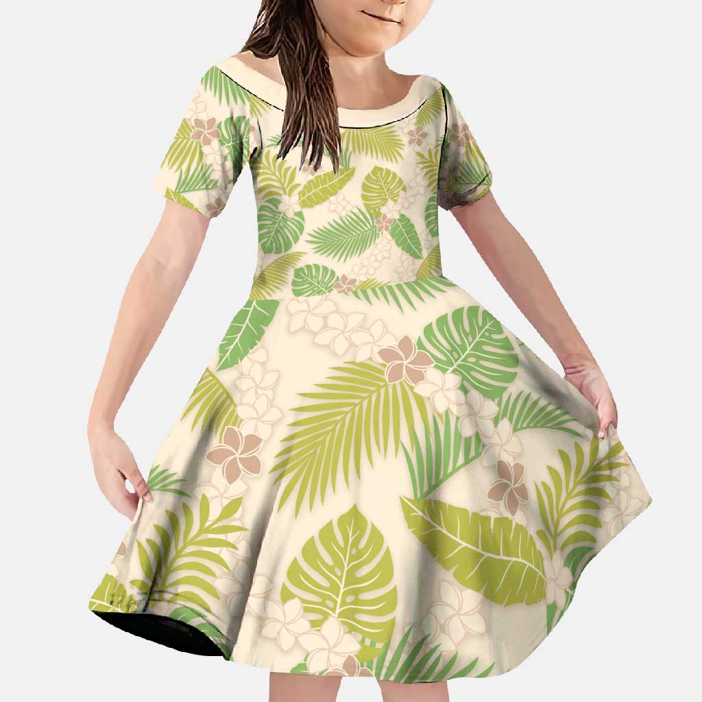 Beige Hawaii Plumeria Lei With Tropical Leaves Family Matching Tank Maxi Dress and Hawaiian Shirt LT14 Daughter's Dress Beige - Polynesian Pride