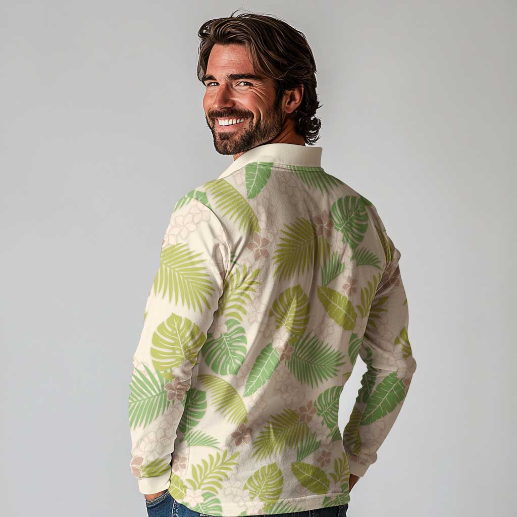 Beige Hawaii Plumeria Lei With Tropical Leaves Long Sleeve Polo Shirt