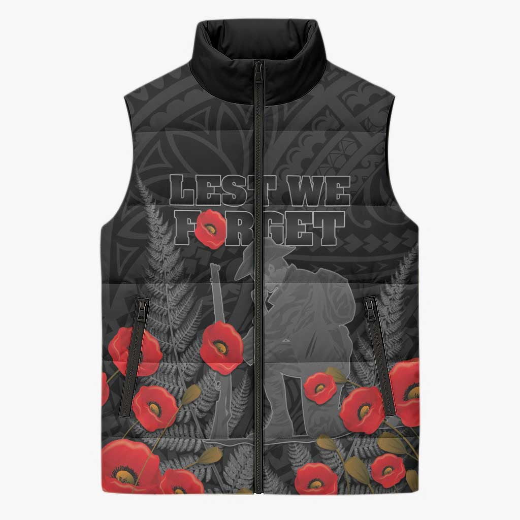 Personalised New Zealand ANZAC Day Sleeveless Puffer Jacket Lest We Forget Soldier Memorial