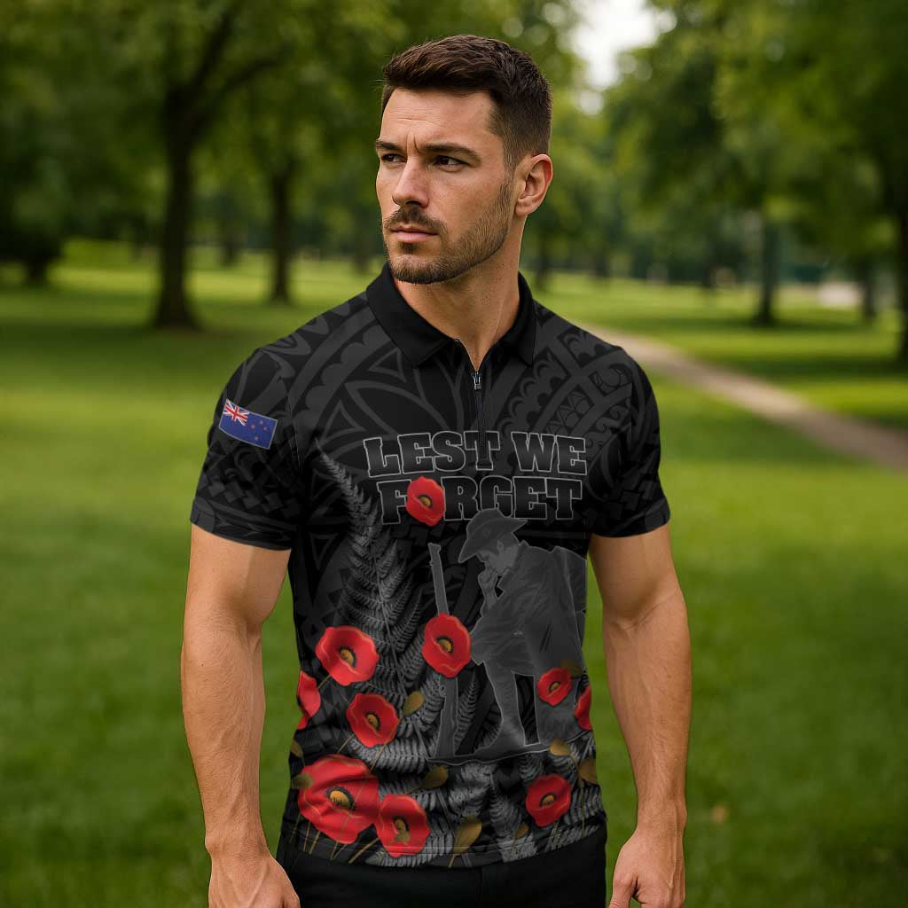 Personalised New Zealand ANZAC Day Zipper Polo Shirt Lest We Forget Soldier Memorial