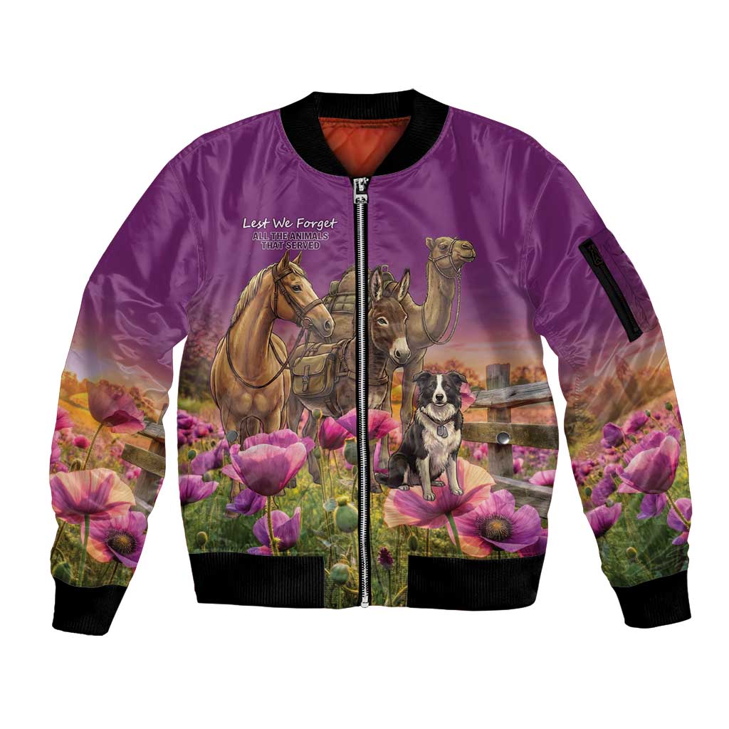 ANZAC Day Sleeve Zip Bomber Jacket Lest We Forget The Animals Of War LT15 Unisex Purple - Polynesian Pride