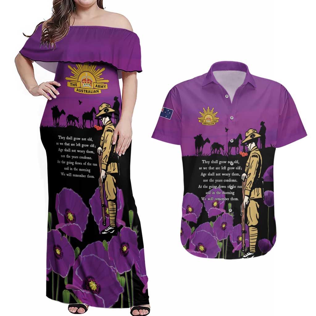 ANZAC Soldier and War Animals Couples Matching Off Shoulder Maxi Dress and Hawaiian Shirt We Will Remember Them