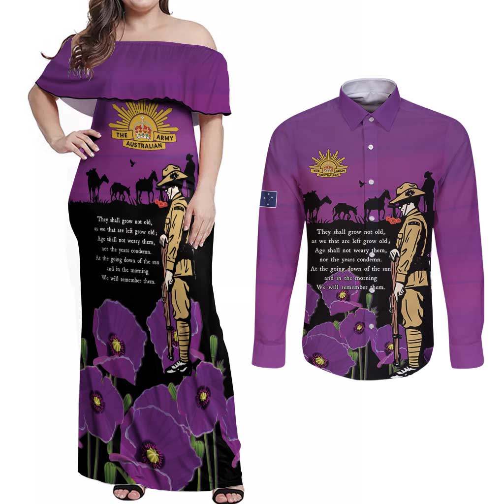 ANZAC Soldier and War Animals Couples Matching Off Shoulder Maxi Dress and Long Sleeve Button Shirt We Will Remember Them
