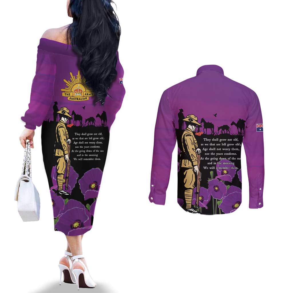ANZAC Soldier and War Animals Couples Matching Off The Shoulder Long Sleeve Dress and Long Sleeve Button Shirt We Will Remember Them