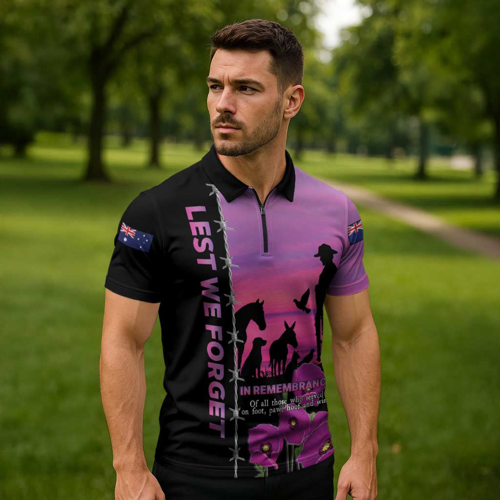 Personalised ANZAC War Animals Zipper Polo Shirt Lest We Forget Memorial