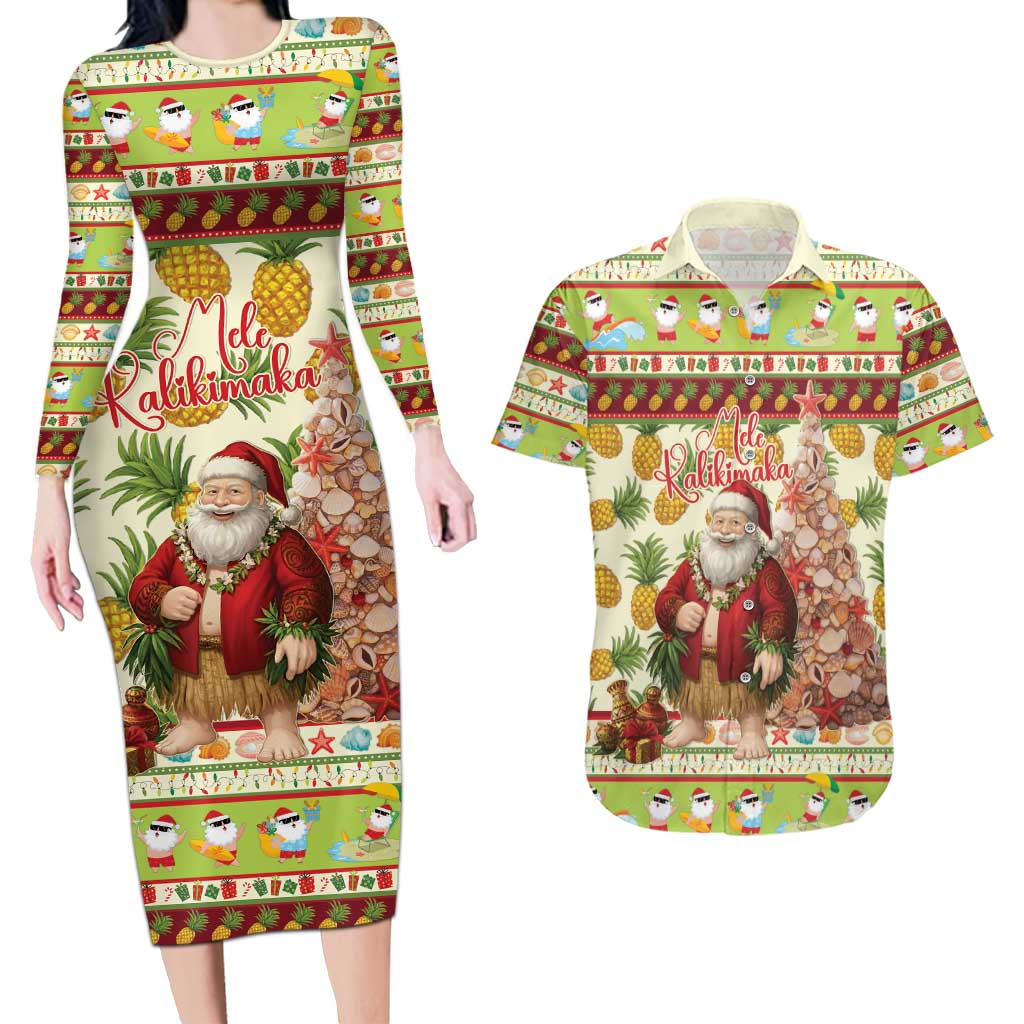 Hawaiian Santa Aloha Pineapple Christmas Couples Matching Long Sleeve Bodycon Dress and Hawaiian Shirt Mele Kalikimaka LT15 Cream - Polynesian Pride