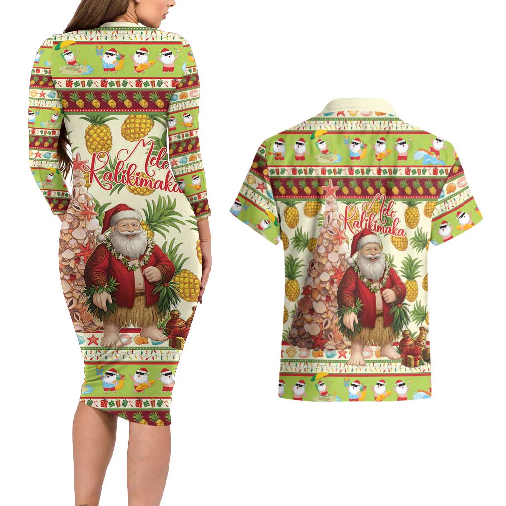 Hawaiian Santa Aloha Pineapple Christmas Couples Matching Long Sleeve Bodycon Dress and Hawaiian Shirt Mele Kalikimaka LT15 - Polynesian Pride