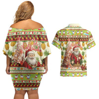 Hawaiian Santa Aloha Pineapple Christmas Couples Matching Off Shoulder Short Dress and Hawaiian Shirt Mele Kalikimaka - Polynesian Pride