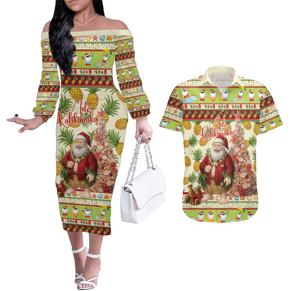 Hawaiian Santa Aloha Pineapple Christmas Couples Matching Off The Shoulder Long Sleeve Dress and Hawaiian Shirt Mele Kalikimaka LT15 Cream - Polynesian Pride