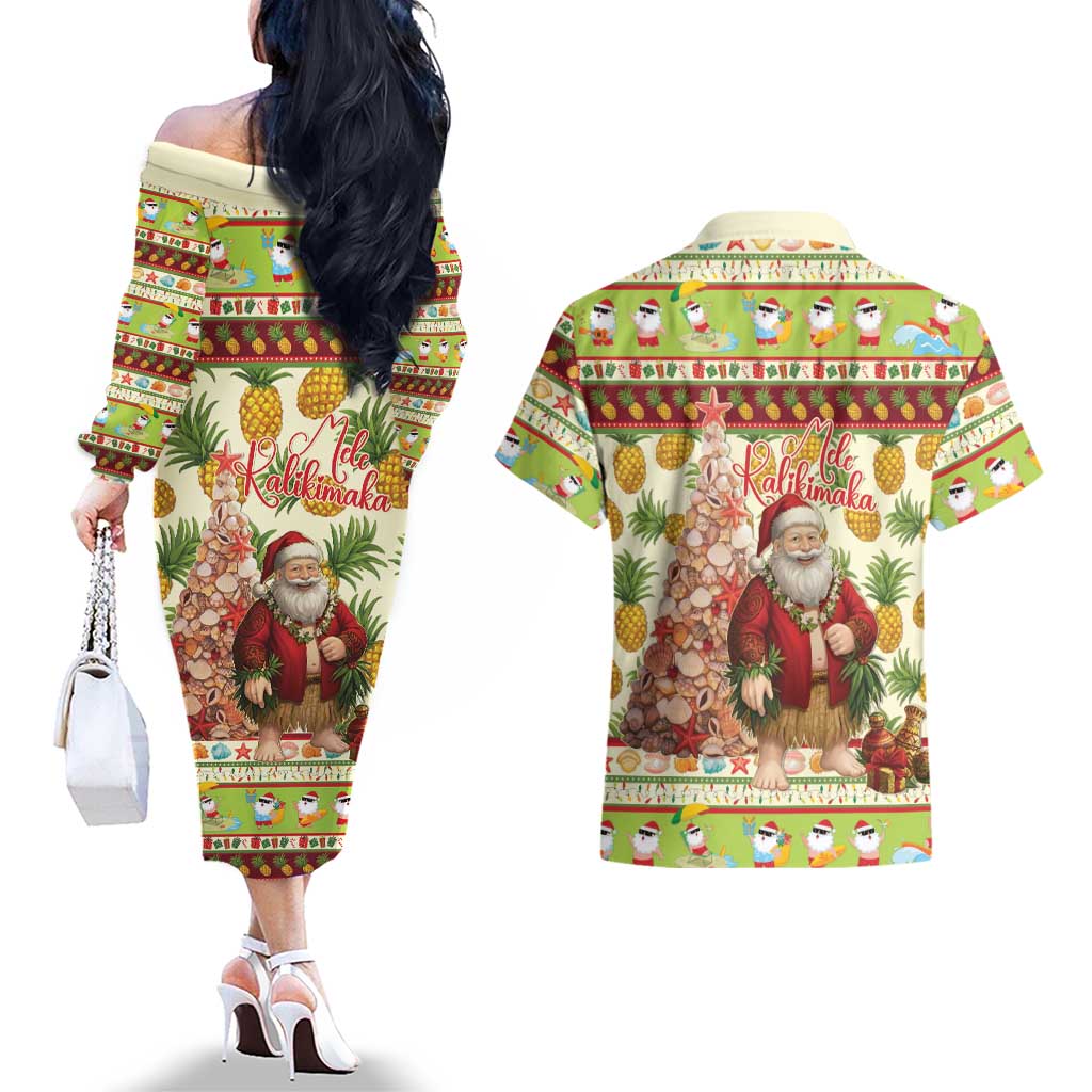 Hawaiian Santa Aloha Pineapple Christmas Couples Matching Off The Shoulder Long Sleeve Dress and Hawaiian Shirt Mele Kalikimaka LT15 - Polynesian Pride