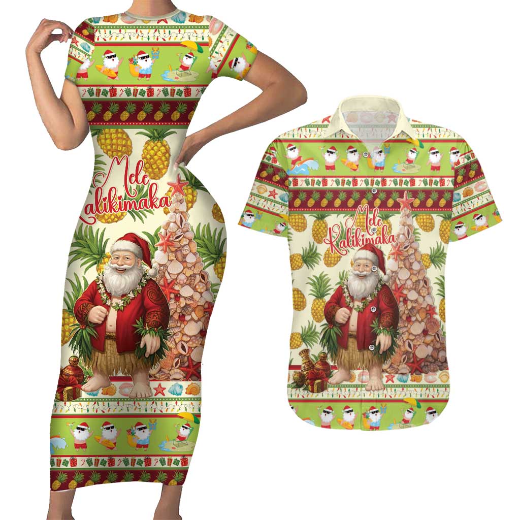 Hawaiian Santa Aloha Pineapple Christmas Couples Matching Short Sleeve Bodycon Dress and Hawaiian Shirt Mele Kalikimaka LT15 Cream - Polynesian Pride