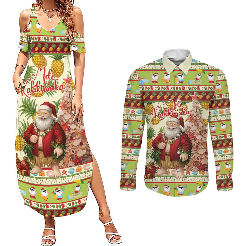 Hawaiian Santa Aloha Pineapple Christmas Couples Matching Summer Maxi Dress and Long Sleeve Button Shirt Mele Kalikimaka - Polynesian Pride