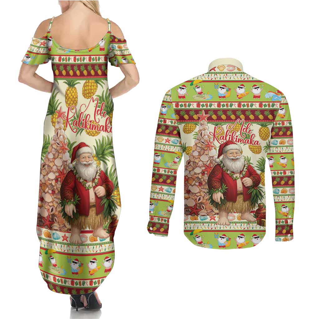 Hawaiian Santa Aloha Pineapple Christmas Couples Matching Summer Maxi Dress and Long Sleeve Button Shirt Mele Kalikimaka - Polynesian Pride