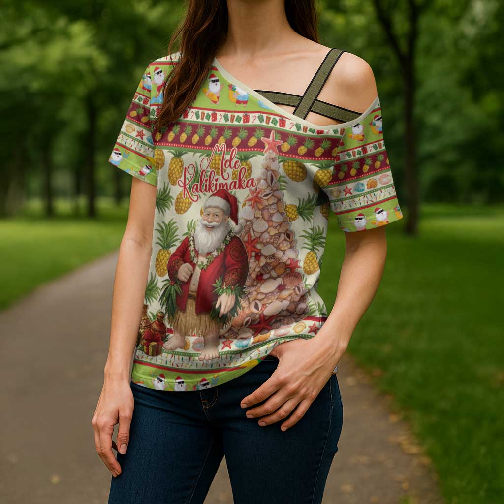 Hawaiian Santa Aloha Pineapple Christmas Cross Shoulder Shirt Mele Kalikimaka - Polynesian Pride