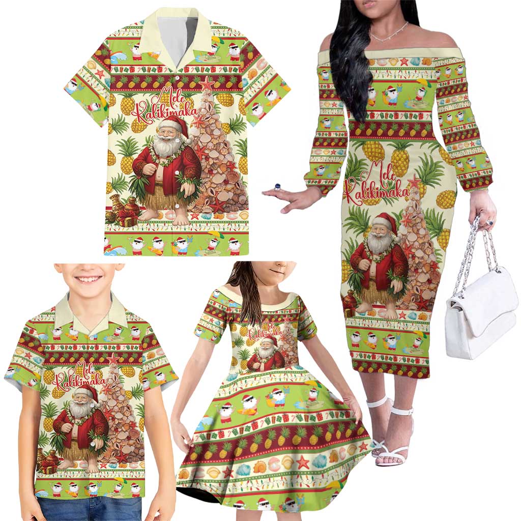 Hawaiian Santa Aloha Pineapple Christmas Family Matching Off The Shoulder Long Sleeve Dress and Hawaiian Shirt Mele Kalikimaka - Polynesian Pride