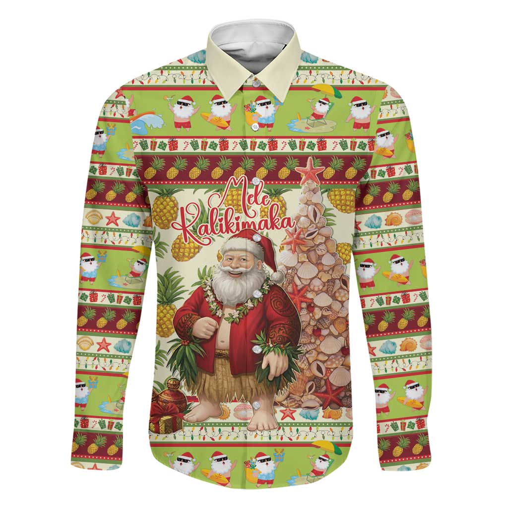 Hawaiian Santa Aloha Pineapple Christmas Family Matching Off Shoulder Maxi Dress and Hawaiian Shirt Mele Kalikimaka LT15 Dad's Shirt - Long Sleeve Cream - Polynesian Pride
