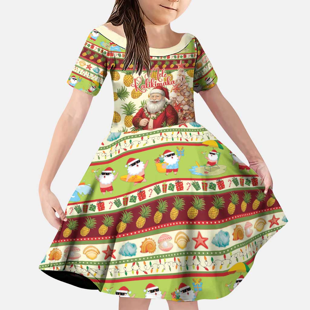 Hawaiian Santa Aloha Pineapple Christmas Family Matching Puletasi and Hawaiian Shirt Mele Kalikimaka LT15 Daughter's Dress Cream - Polynesian Pride