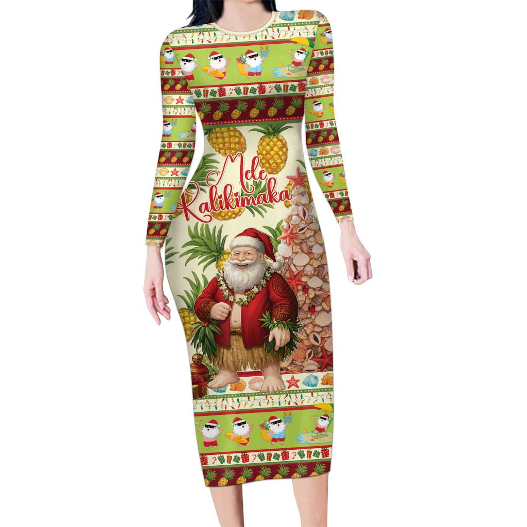 Hawaiian Santa Aloha Pineapple Christmas Long Sleeve Bodycon Dress Mele Kalikimaka - Polynesian Pride
