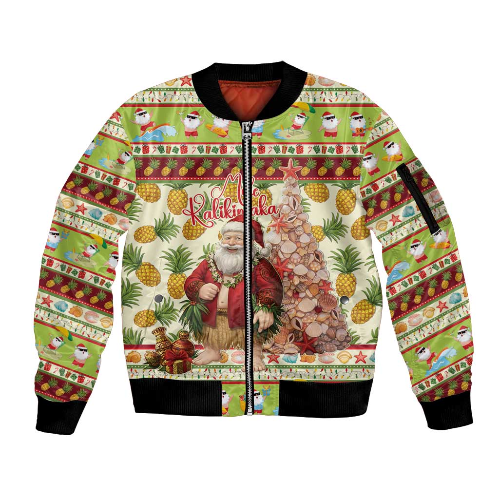 Hawaiian Santa Aloha Pineapple Christmas Sleeve Zip Bomber Jacket Mele Kalikimaka LT15 Unisex Cream - Polynesian Pride