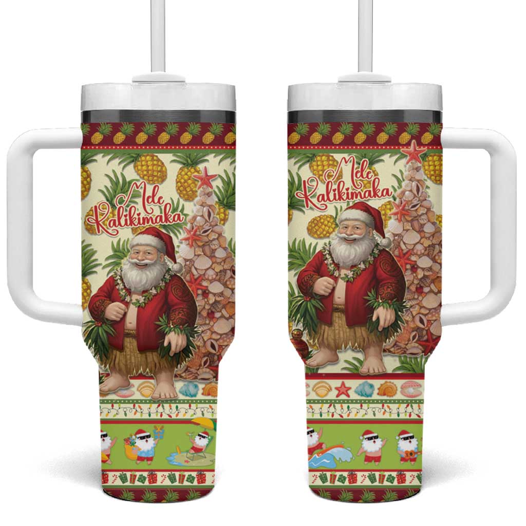 Hawaiian Santa Aloha Pineapple Christmas Tumbler With Handle Mele Kalikimaka LT15 One Size: 40 oz Cream - Polynesian Pride