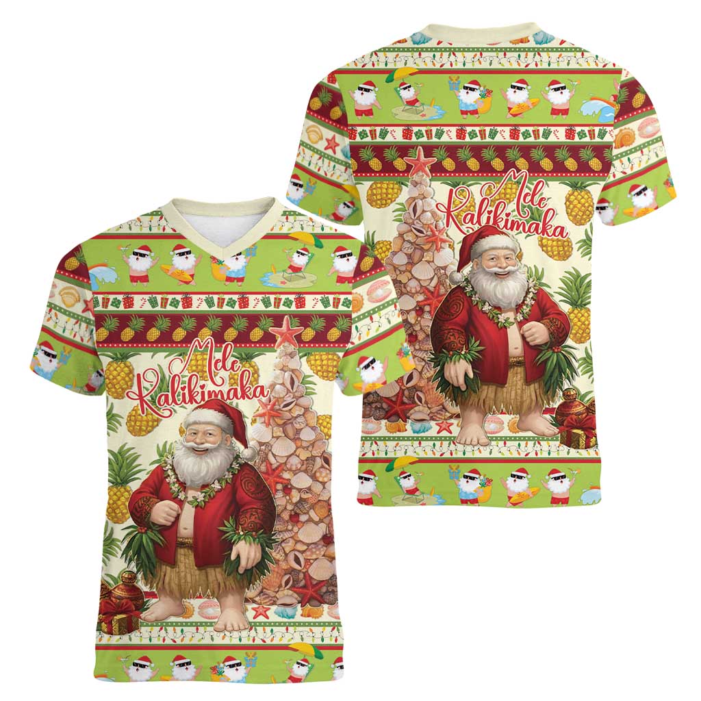 Hawaiian Santa Aloha Pineapple Christmas Women V-Neck T-Shirt Mele Kalikimaka - Polynesian Pride