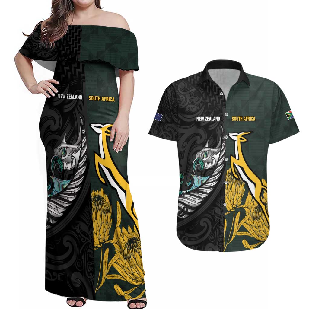 New Zealand and South Africa Rugby Custom Couples Matching Off Shoulder Maxi Dress and Hawaiian Shirt Silver Fern With Springboks LT15 Black - Polynesian Pride