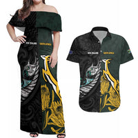 New Zealand and South Africa Rugby Custom Couples Matching Off Shoulder Maxi Dress and Hawaiian Shirt Silver Fern With Springboks LT15 Black - Polynesian Pride