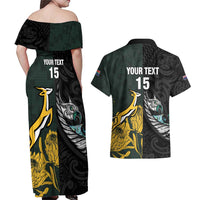 New Zealand and South Africa Rugby Custom Couples Matching Off Shoulder Maxi Dress and Hawaiian Shirt Silver Fern With Springboks LT15 - Polynesian Pride