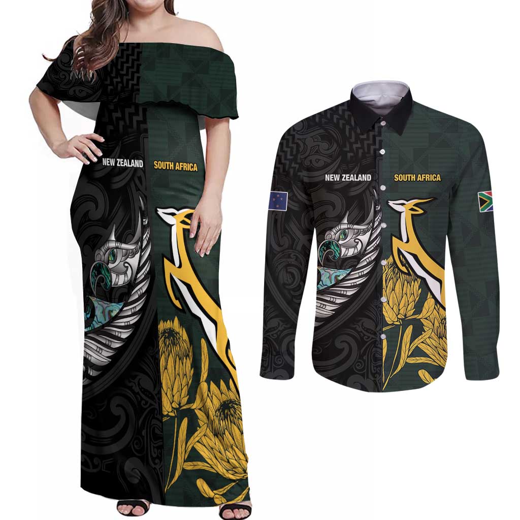 New Zealand and South Africa Rugby Custom Couples Matching Off Shoulder Maxi Dress and Long Sleeve Button Shirt Silver Fern With Springboks LT15 Black - Polynesian Pride