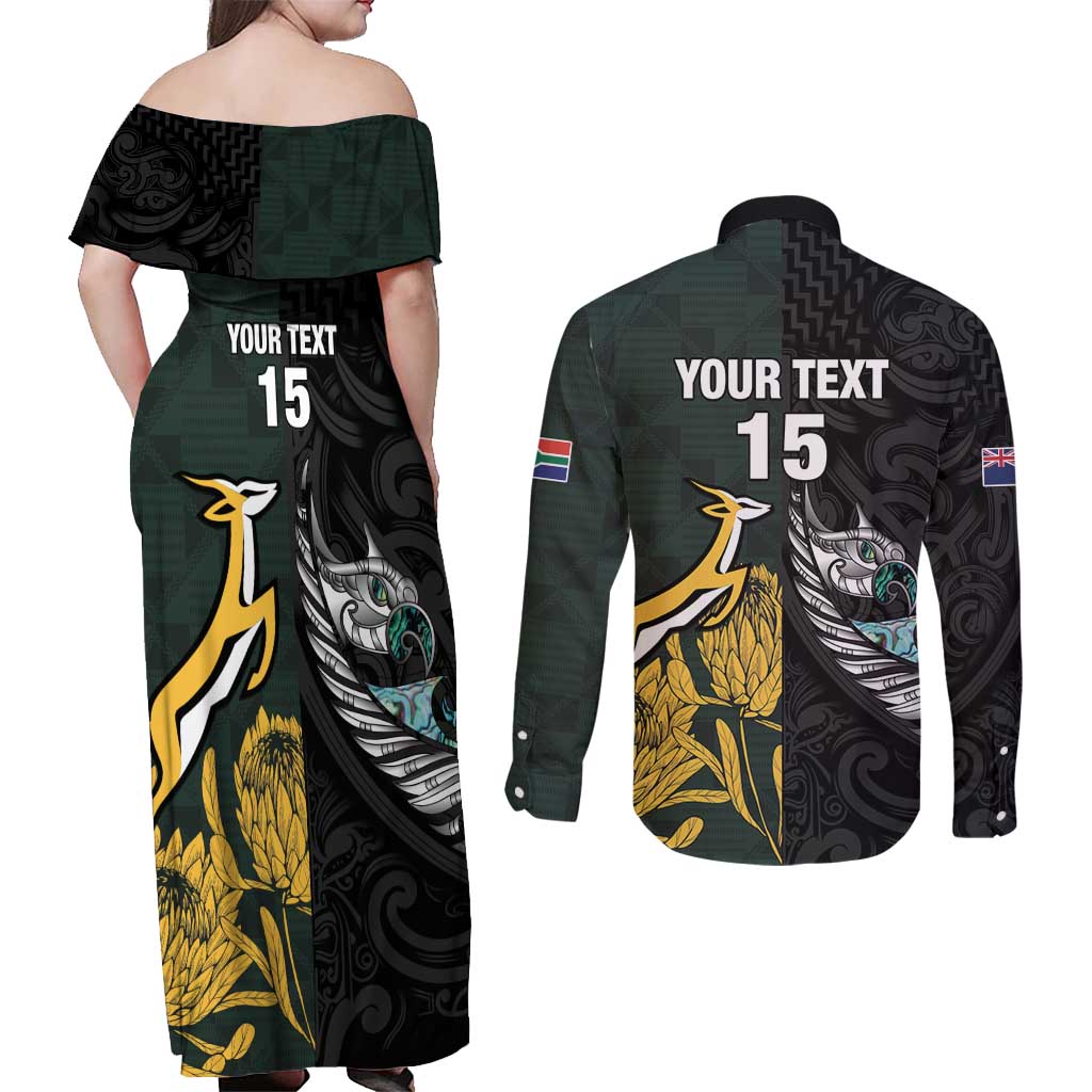 New Zealand and South Africa Rugby Custom Couples Matching Off Shoulder Maxi Dress and Long Sleeve Button Shirt Silver Fern With Springboks LT15 - Polynesian Pride