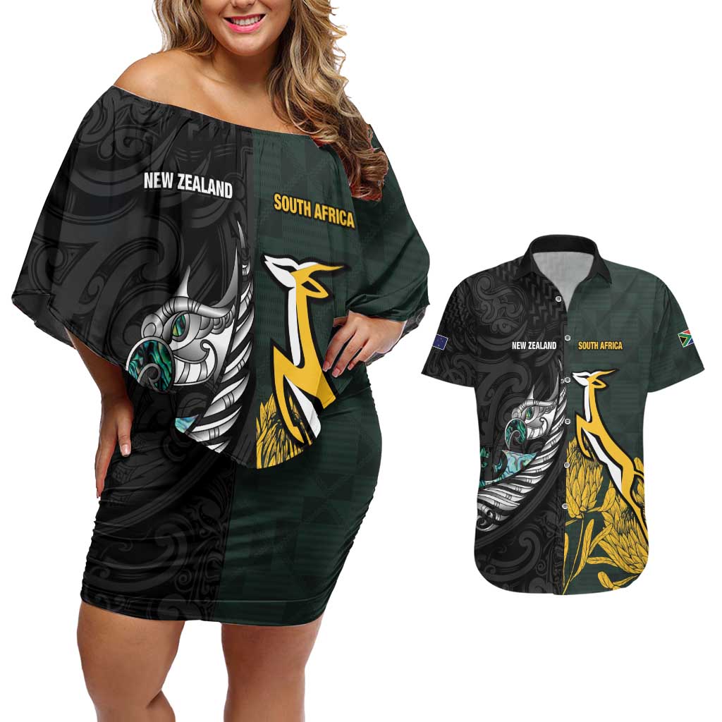 New Zealand and South Africa Rugby Custom Couples Matching Off Shoulder Short Dress and Hawaiian Shirt Silver Fern With Springboks LT15 Black - Polynesian Pride