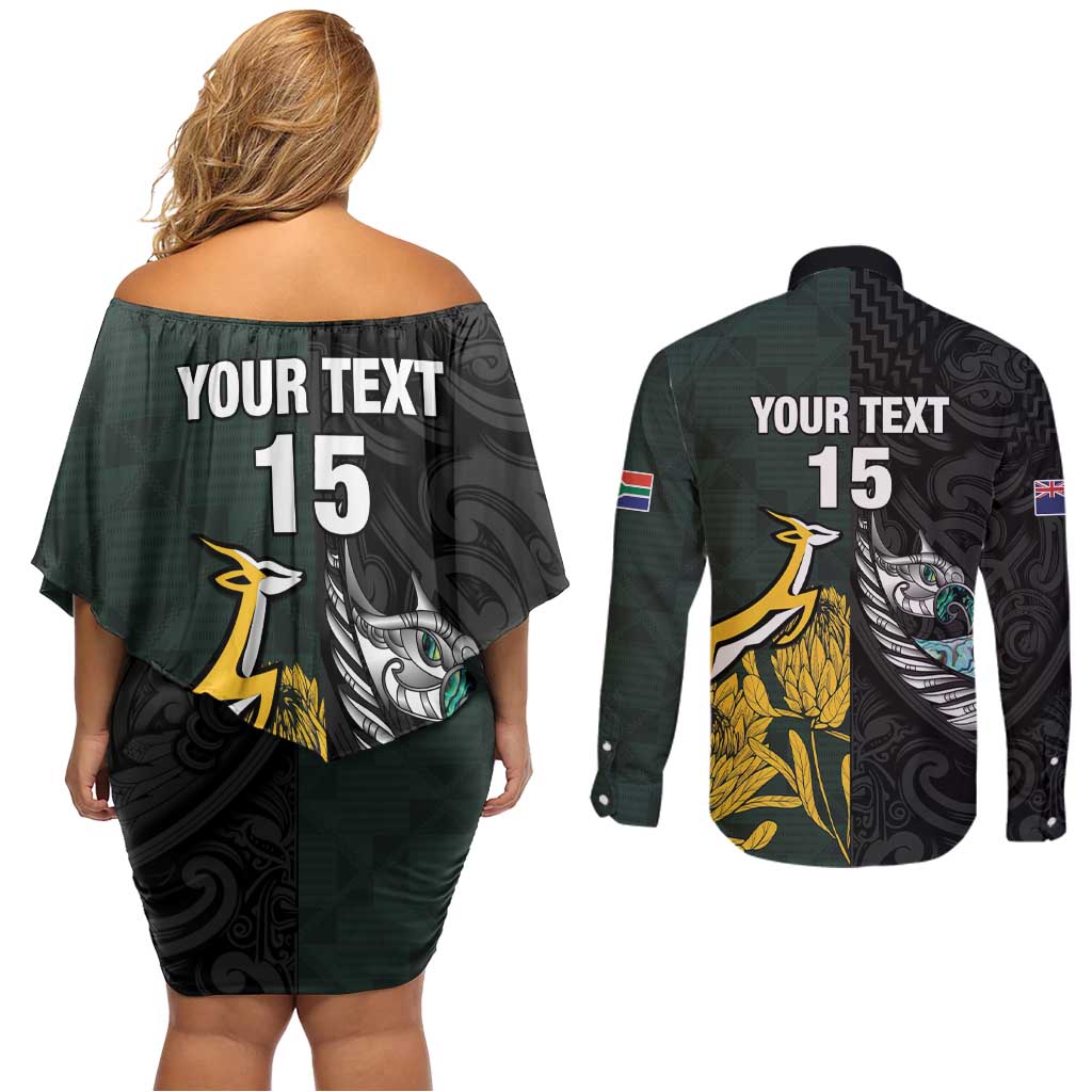 New Zealand and South Africa Rugby Custom Couples Matching Off Shoulder Short Dress and Long Sleeve Button Shirt Silver Fern With Springboks LT15 - Polynesian Pride