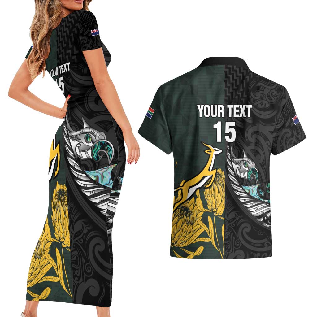 New Zealand and South Africa Rugby Custom Couples Matching Short Sleeve Bodycon Dress and Hawaiian Shirt Silver Fern With Springboks