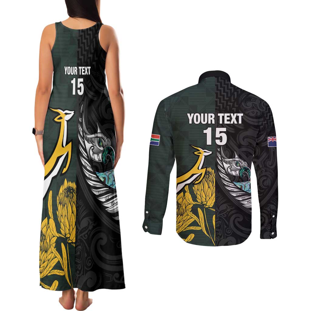 New Zealand and South Africa Rugby Custom Couples Matching Tank Maxi Dress and Long Sleeve Button Shirt Silver Fern With Springboks LT15 - Polynesian Pride
