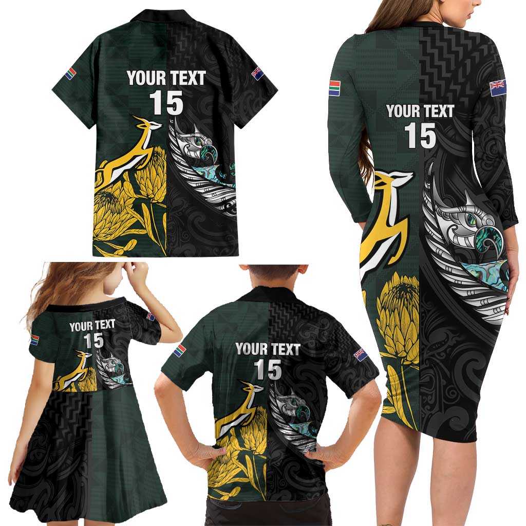 New Zealand and South Africa Rugby Custom Family Matching Long Sleeve Bodycon Dress and Hawaiian Shirt Silver Fern With Springboks LT15 - Polynesian Pride