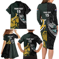 New Zealand and South Africa Rugby Custom Family Matching Long Sleeve Bodycon Dress and Hawaiian Shirt Silver Fern With Springboks LT15 - Polynesian Pride