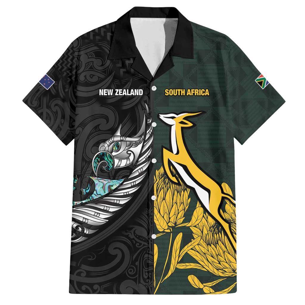 New Zealand and South Africa Rugby Custom Family Matching Long Sleeve Bodycon Dress and Hawaiian Shirt Silver Fern With Springboks LT15 Dad's Shirt - Short Sleeve Black - Polynesian Pride
